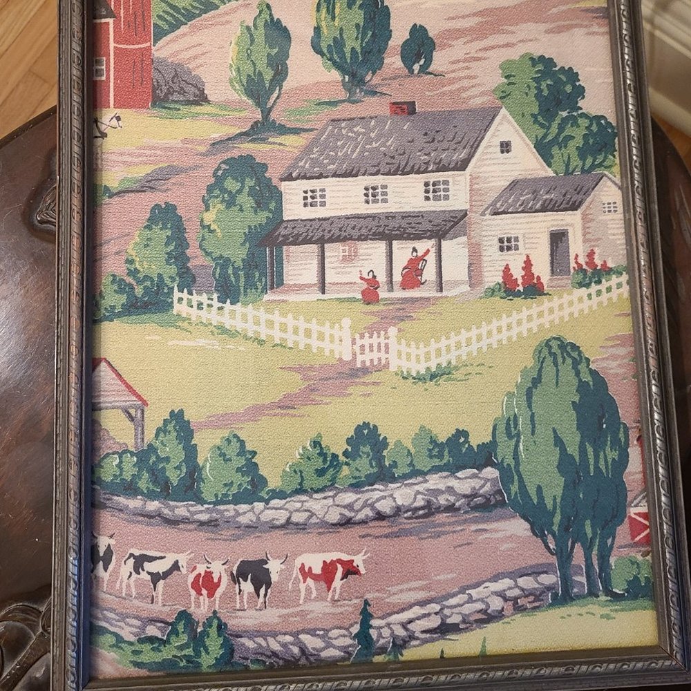 Vintage Framed Textile with Farm And Women - Picture 5 of 6